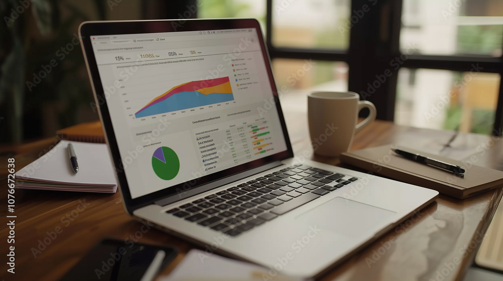Poster laptop with a dynamic spreadsheet and pie chart visualizing business growth statistics, surrounded b