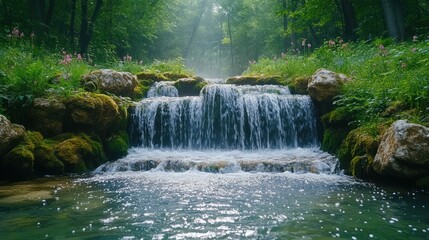 Serene waterfall cascading into a tranquil forest pool.