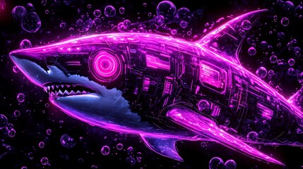 Obraz premium Abstract cyberpunk composition with overlapping neon symbols, dark industrial textures, and intricate details, perfect for technology-driven, futuristic-themed designs