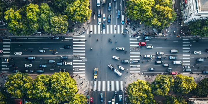 Aerial view of a busy city crossroad junction with cars and pedestrians.