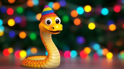 Fototapeta premium Colorful Cartoon Snake Toy Wears Party Hat with Blurred Festive Bokeh Background, Perfect for Fun Environments and Children's Imagery