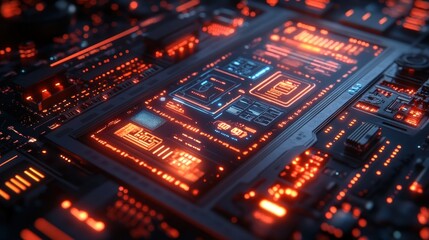 Obraz premium Close-up of a glowing circuit board with intricate patterns.