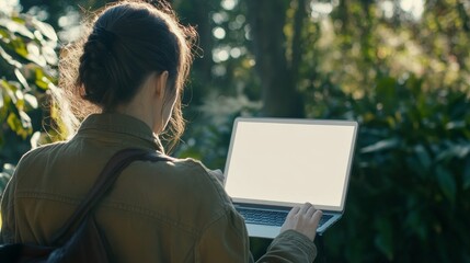 Woman using a laptop outdoors, touching the touchpad and looking at a blank white desktop screen.