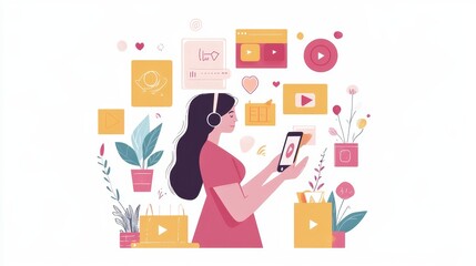 Woman using streaming service on device, connecting to entertainment, media, and shopping.