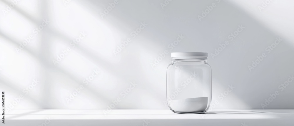 Poster a jar is sitting on a table in front of a window