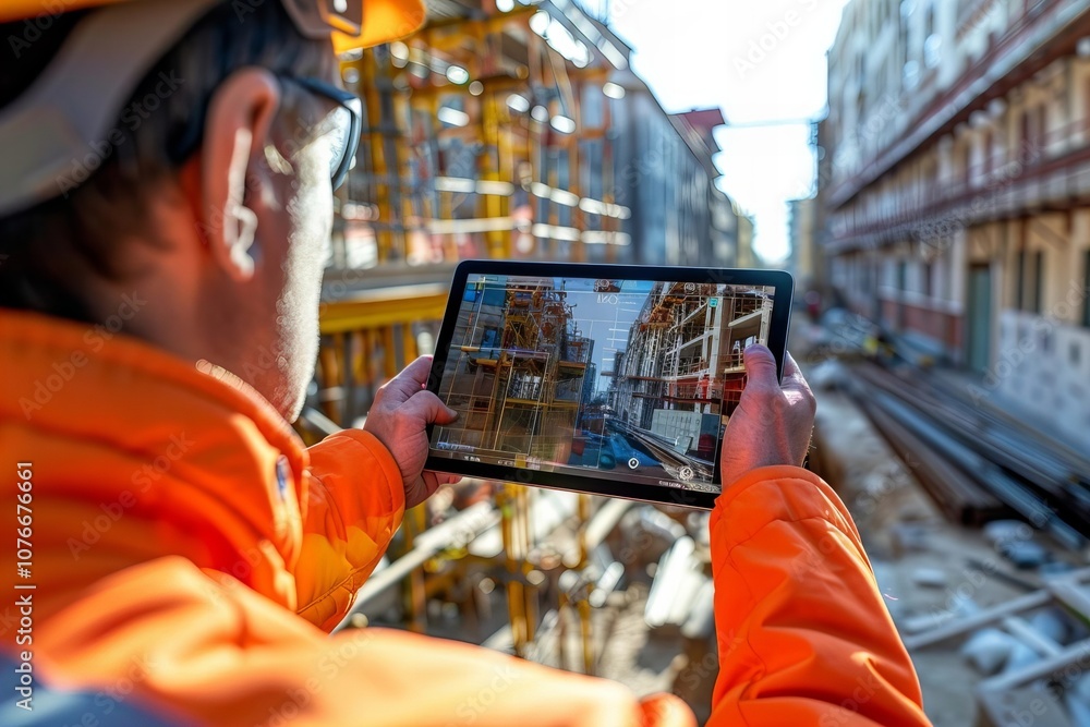 Aufkleber construction engineer team utilizes tablet technology for augmented reality building inspections: im