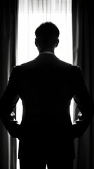 Silhouette of a Confident Businessman Standing by a Window