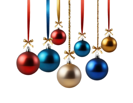 Collection set of Six silver, blue, golden and red Chritmas balls hanging with a string, Christmas shiny baubles 