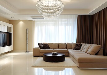 Elegant 3D Rendered Living Room with Marble Floors and Sophisticated Decor