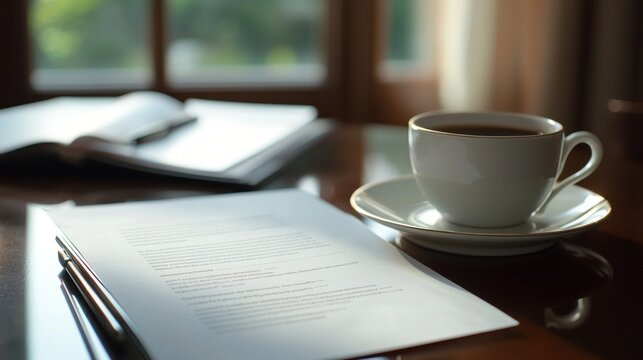 Close-up of a resume and cover letter on a desk with a cup of coffee