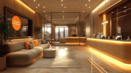 Modern reception area with elegant design and warm lighting.