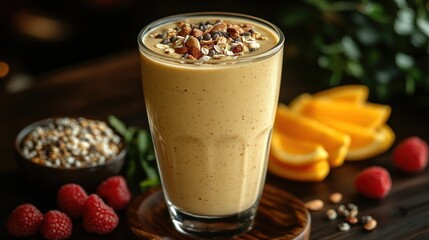 A creamy smoothie topped with nuts and fruit, served in a glass.