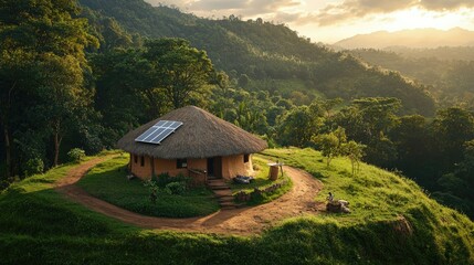 A serene cottage nestled in lush greenery, surrounded by mountains and under a golden sunset, offering a peaceful retreat in nature.