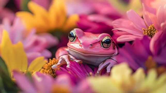A pink frog blending into a colorful flower bed with hues of pink, yellow, and purple, its vibrant color camouflaging among petals - Powered by Adobe