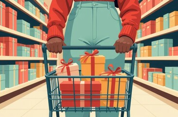 The hands of a black American man push a cart in a supermarket with various gifts. Man made purchases for Christmas and New Year