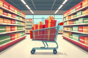 A trolley with Christmas and New Year's gifts stands in a supermarket aisle