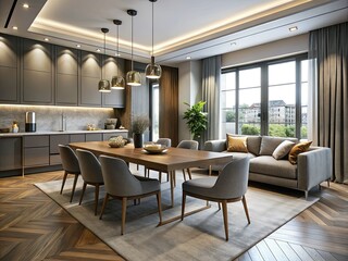 Fototapeta premium Modern Apartment Interior Design: Stylish Dining Room with Table and Chairs, Empty Living Room with Gray Walls, Contemporary Decor, Spacious Layout, Elegant Ambiance, Home Aesthetics