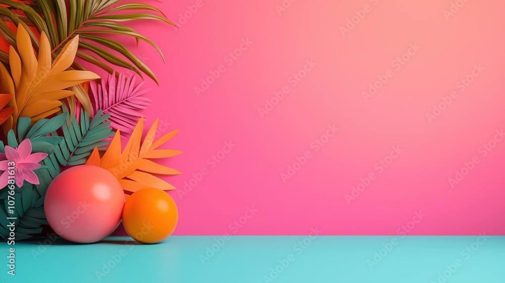 Poster a vibrant display of colorful leaves and spheres on a gradient background, creating a playful and ch