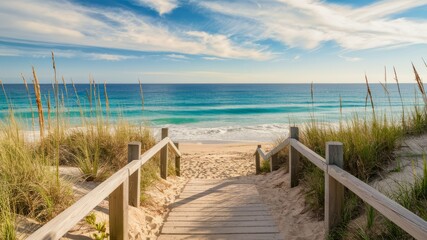 Fototapeta premium Beach Path to Serenity: A wooden walkway leads to a pristine sandy beach, inviting you to escape to tranquility and embrace the beauty of nature.