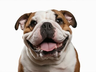 Obraz premium Happy Bulldog Portrait: A close-up portrait of a happy bulldog, with a big smile and tongue out, radiating joy and warmth. 