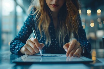 Title: Digital Businesswoman Signs Electronic Documents Online for Paperless Workspace: Embracing e-signatures and Advanced Technology in Document Management for Future Business Contracts.