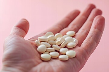 Hand holding tablets of dietary supplements for daily intake on a pink background. Includes zinc, antioxidants for aging, lecithin, and adaptogens.