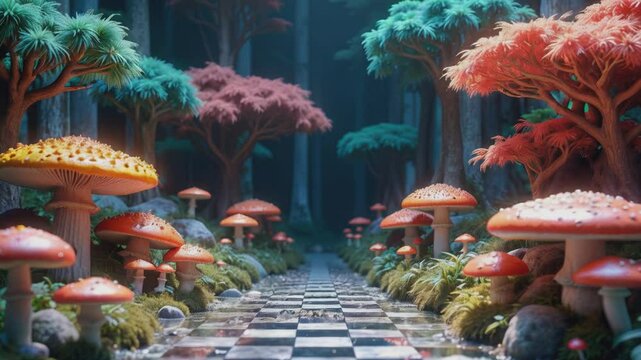 Wonderland. POV walking down a stone path lined with giant, colorful mushrooms in a misty forest. The whimsical scene evokes a sense of wonder, as if she's journeying into a magical, fairy-tale world.
