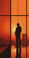 Silhouette of a Businessman Standing by a Window Overlooking a Cityscape