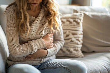 Fototapeta premium Woman with Digestive Issues: Understanding the Impact of Stress, Menstruation, and Gut Health on Stomach Pain at Home