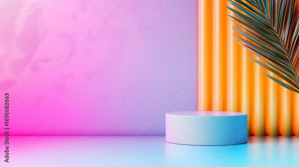 Poster a vibrant, stylized scene featuring a textured block on a colorful background with palm leaves, crea