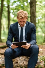 Fototapeta premium Professional man engages with digital tablet in serene natural setting for productive outdoor work
