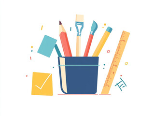 Cute cartoon illustration of stationery, a pencil cup with a ruler and paintbrushes on a white background. 