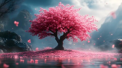 A pink tree with pink flowers is in the foreground of a beautiful landscape