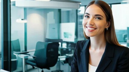 Confident businesswoman smiling in a modern office setting, exuding professionalism and approachability