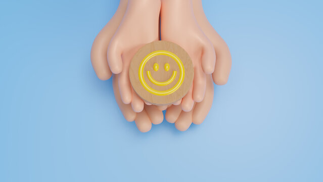 3D hand holding happy smile face emotion, good feedback rating,positive customer review, experience, satisfaction survey ,world mental health day, Compliment Day. Positive Thinking concept. 3d render
