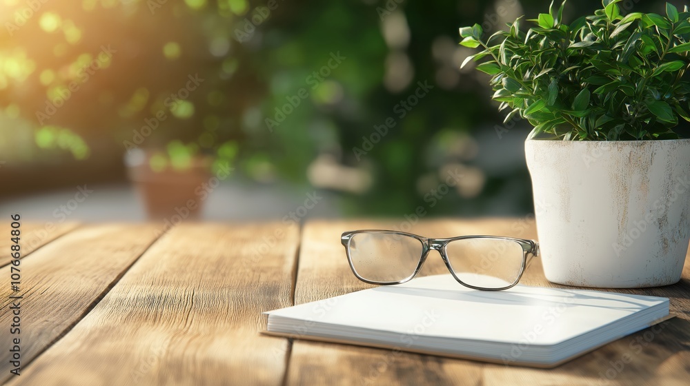 Poster a serene workspace with a notebook, glasses, and a potted plant, illuminated by soft sunlight, creat
