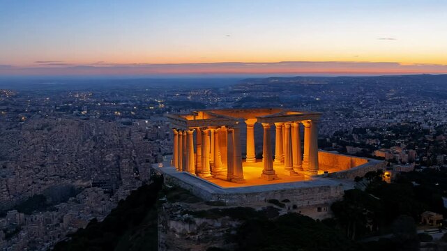 Ancient temples glow at night, a 360-degree video of the acropolis of athens blending history and modernity