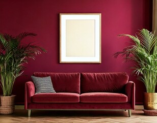 Fototapeta premium poster art mockup empty frame on wall with sofa in front in a stylish living room