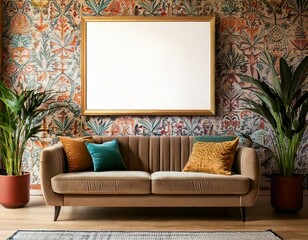 poster art mockup empty frame on wall with sofa in front in a stylish living room