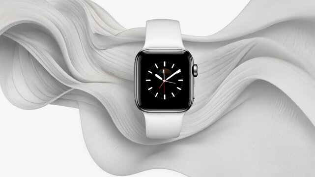 A white Apple Watch with a black face sits on a white fabric backdrop