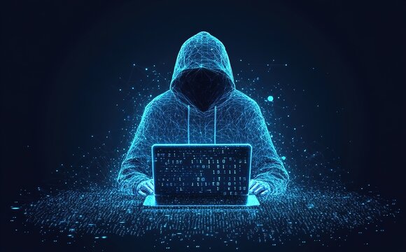 Abstract polygonal hacker with laptop on technology dark background.