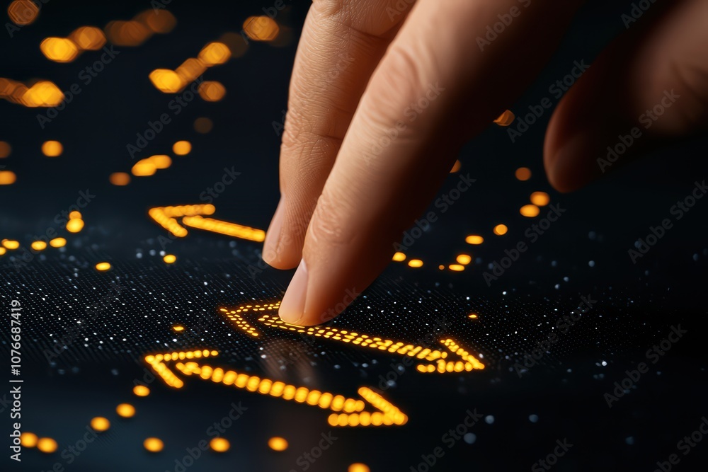 Poster a hand interacting with glowing arrows on a dark surface, symbolizing digital navigation and innovat