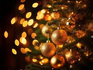 ゴールデンオーナメントで飾られたクリスマスツリー - 暖かい光とボケが美しい、華やかなクリスマスシーン
