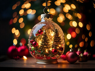 ガラスオーナメントの中のクリスマスツリー - キラキラ光る、幻想的なクリスマスデコレーション