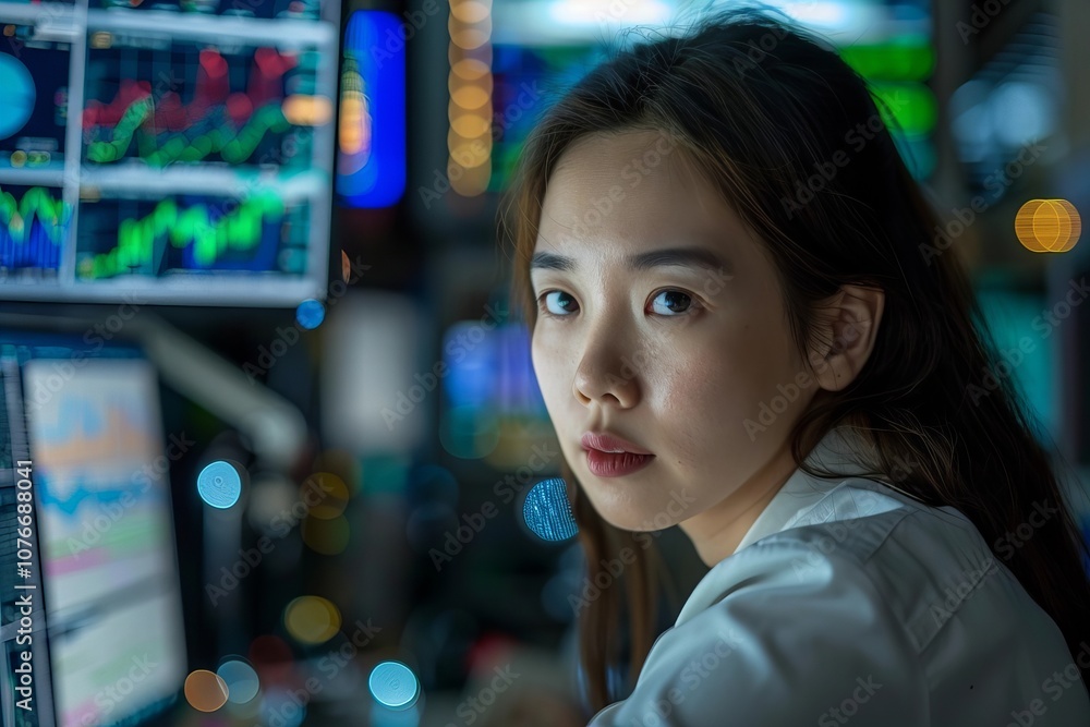 Poster female analyst utilizes technology and data management system for business analysis and kpis in fina