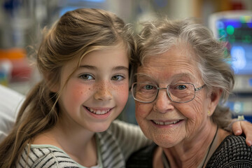 Granddaughter brings joy to sick grandmother with a warm hospital visit, sharing hugs in geriatric medical clinic.