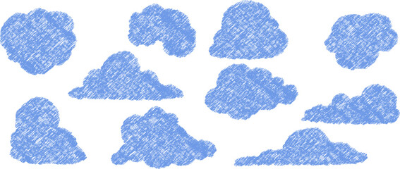 Hand drawn pencil drawing of clouds in pastel color. Kids sketch chalk drawing. Grunge image of the heaven. For design template art children education material.