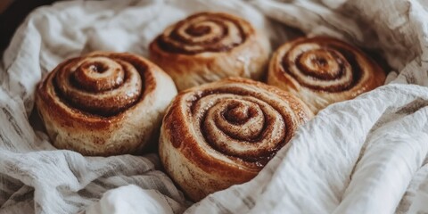 Soft and fluffy cinnamon rolls with creamy icing are arranged on a plate, showcasing their warm, delicious texture in a homey kitchen environment.