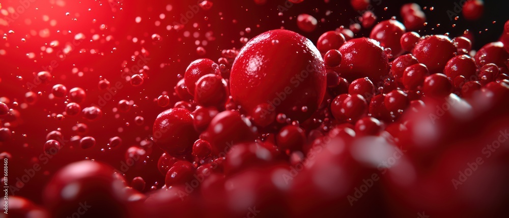 Poster abstract red spheres floating in a dynamic environment, creating a vivid and energetic visual atmosp