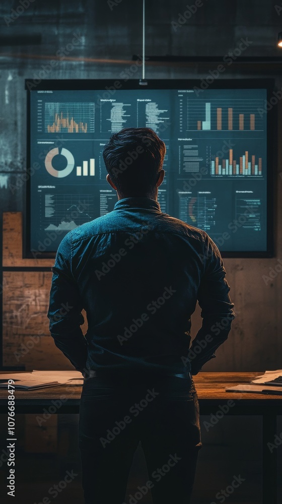Poster business professional analyzing data on large screen in modern office setting
